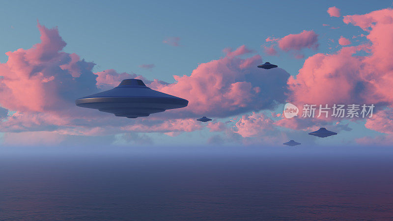 3D UFO在海上和波浪